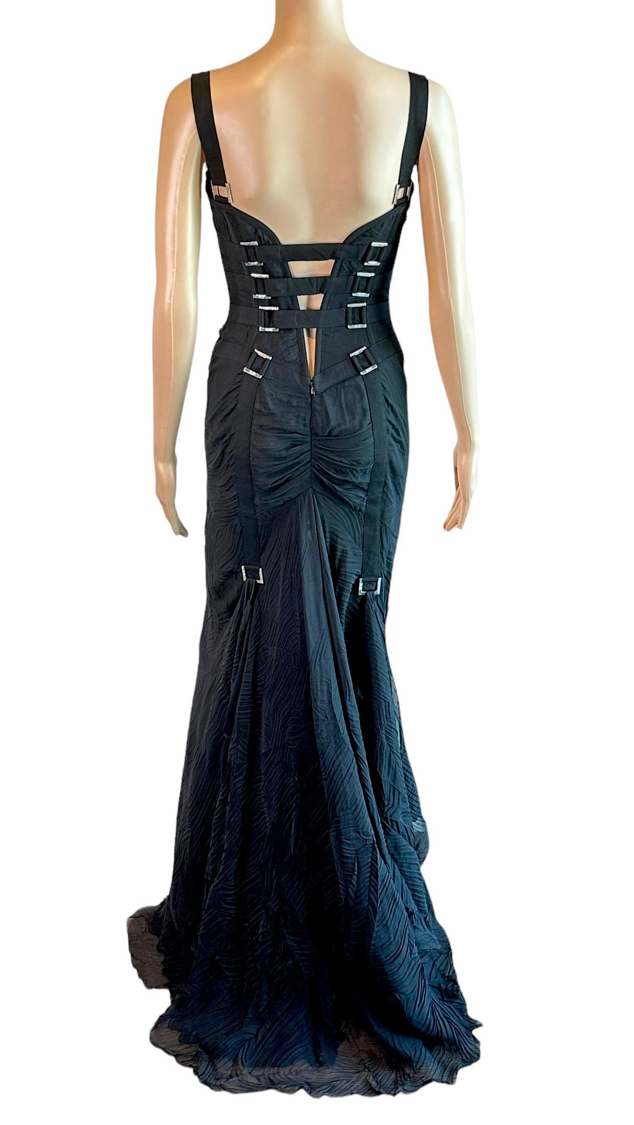 Versace F/W 2003 Bondage Bustier Buckle Detail Lace Up Black Evening Dress Gown In Good Condition In Naples, FL