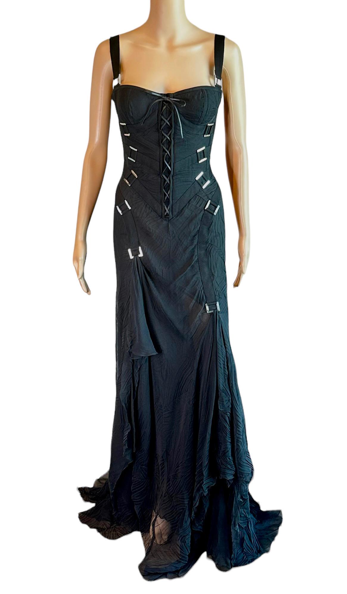 Women's Versace F/W 2003 Bondage Bustier Buckle Detail Lace Up Black Evening Dress Gown For Sale