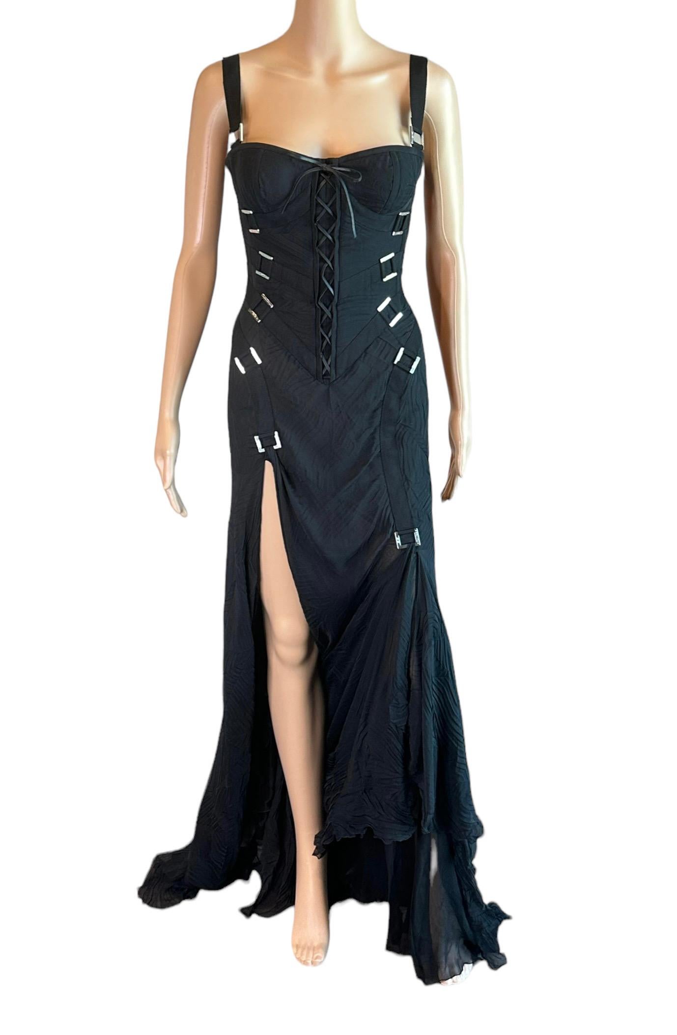 Versace F/W 2003 Bondage Bustier Buckle Detail Lace Up Black Evening Dress Gown For Sale 2