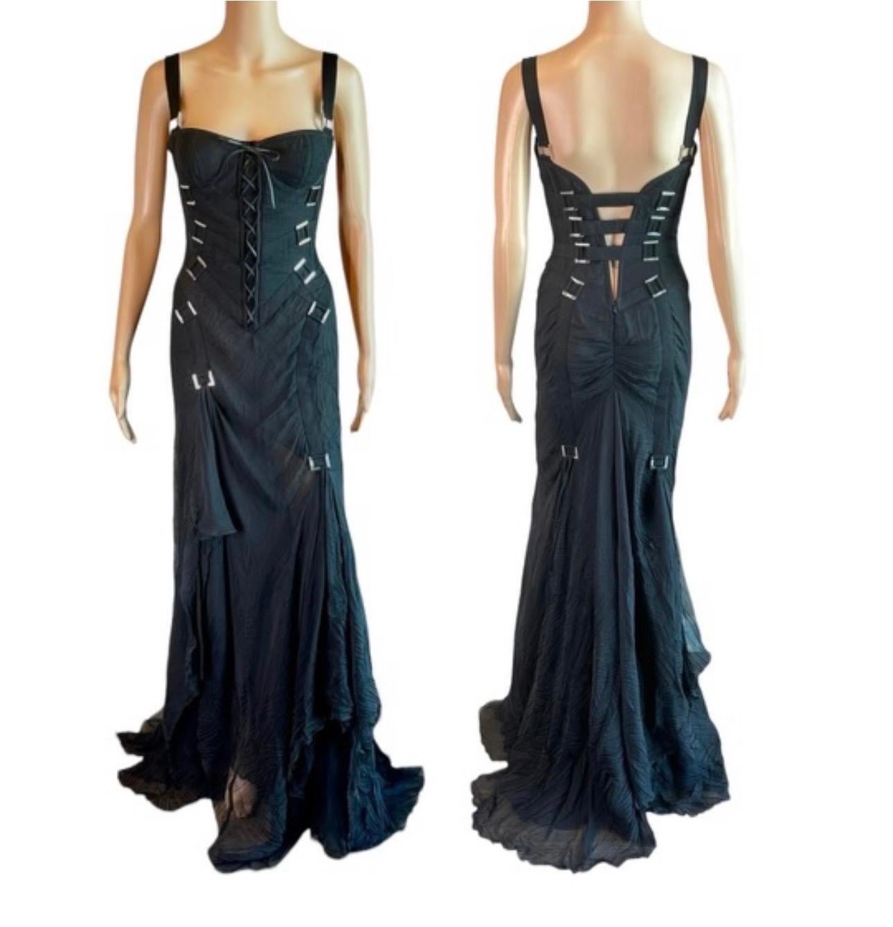 Versace F/W 2003 Bondage Bustier Buckle Detail Lace Up Black Evening Dress Gown For Sale 3