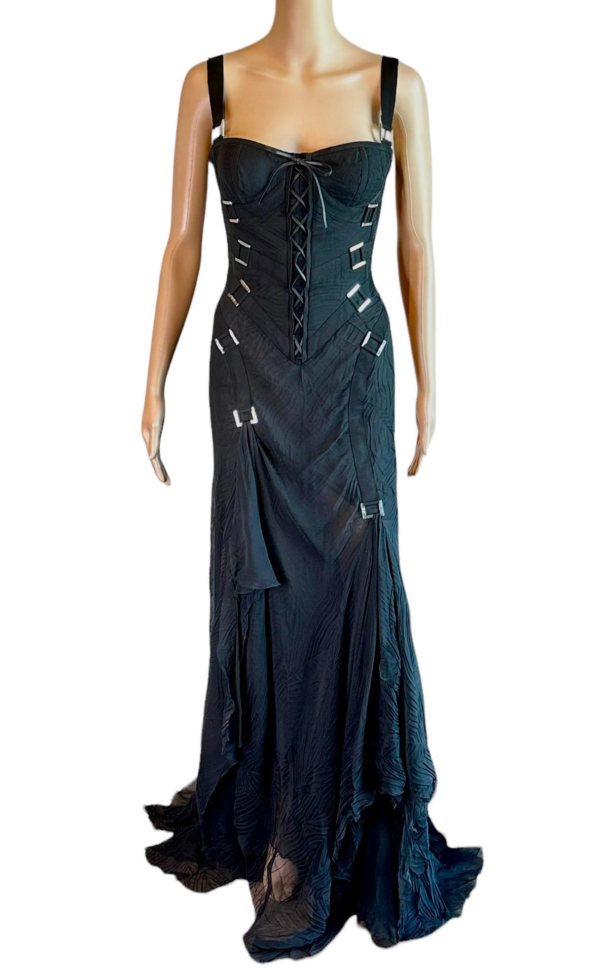 Versace F/W 2003 Bondage Bustier Buckle Detail Lace Up Black Evening Dress Gown For Sale 5