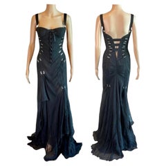 Versace F/W 2003 Bondage Bustier Buckle Detail Lace Up Black Evening Dress Gown