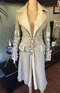 Versace F/W 2003 Runway Corset Ties Lace Up Beige Shearling Jacket Coat