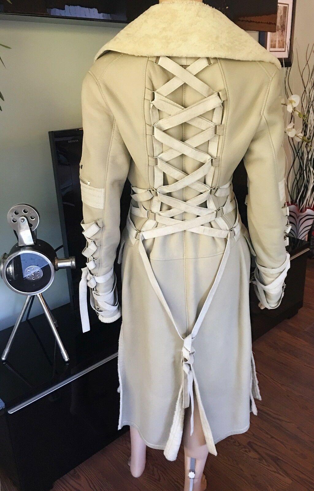 Versace F W 2003 Runway Corset Ties Lace Up Beige Shearling Jacket Coat Versace F W 2003 Runway Corset Ties Lace Up Beige Shearling Jacket Coat