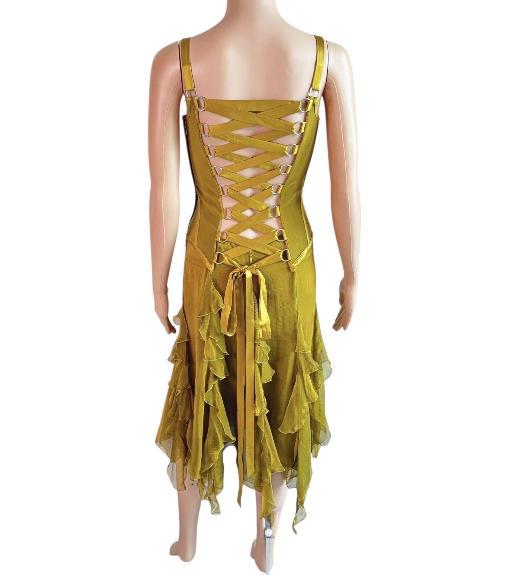 Versace A/I 2003: abito in chiffon di seta increspato con pizzo e increspature, con un'increspatura che si estende su tutta la lunghezza del corpo. in vendita 2