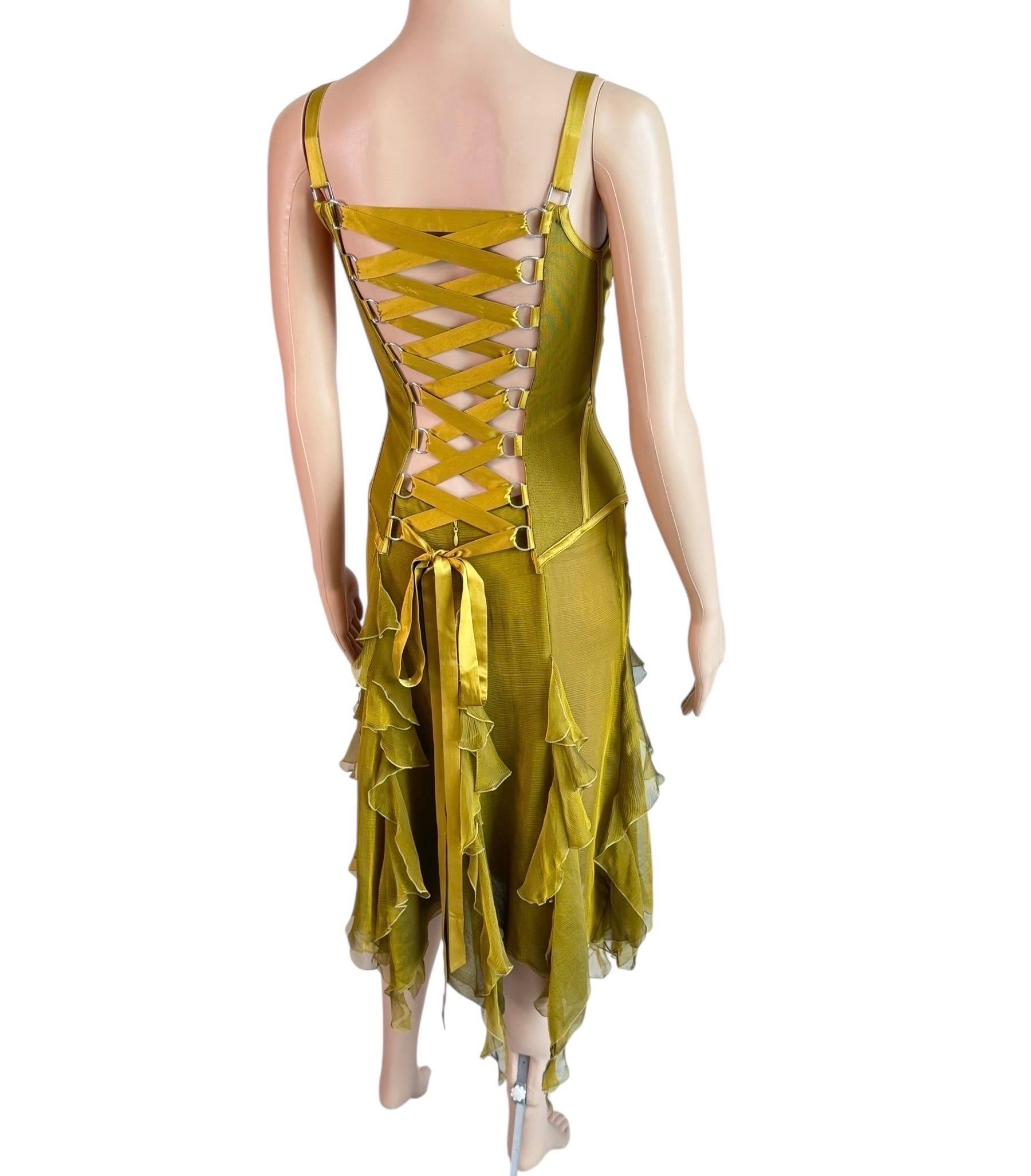 Versace A/I 2003: abito in chiffon di seta increspato con pizzo e increspature, con un'increspatura che si estende su tutta la lunghezza del corpo. in vendita 4