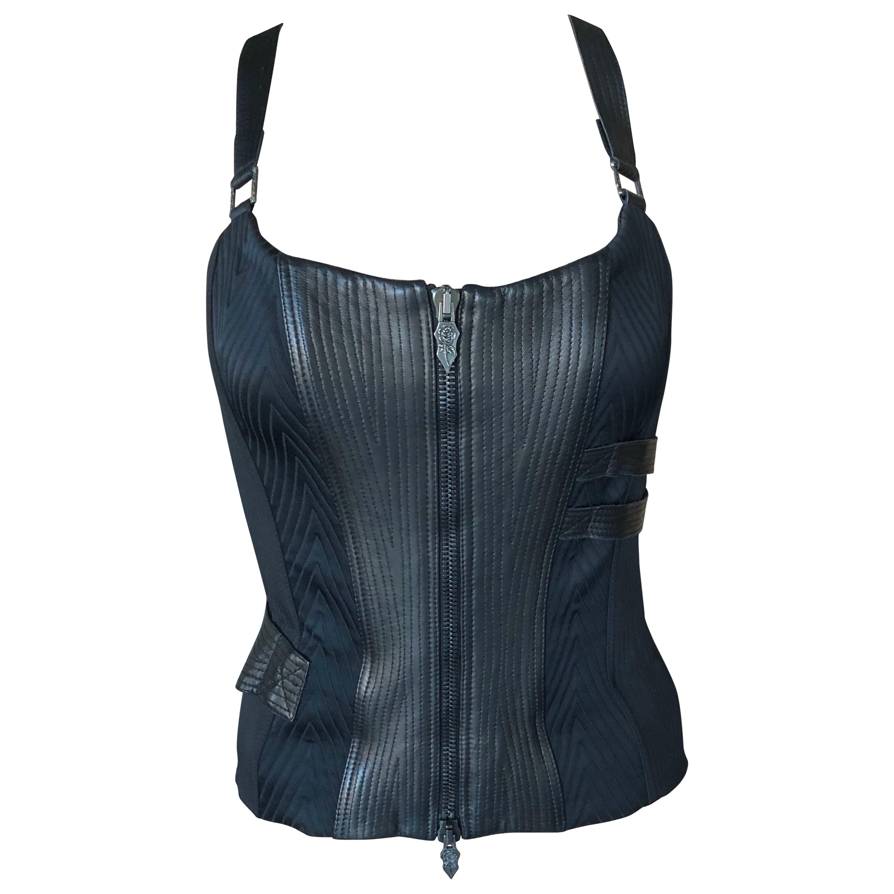 Versace F/W 2003 Laufsteg Leder Bondage Schwarzes Korsett-Top im Angebot