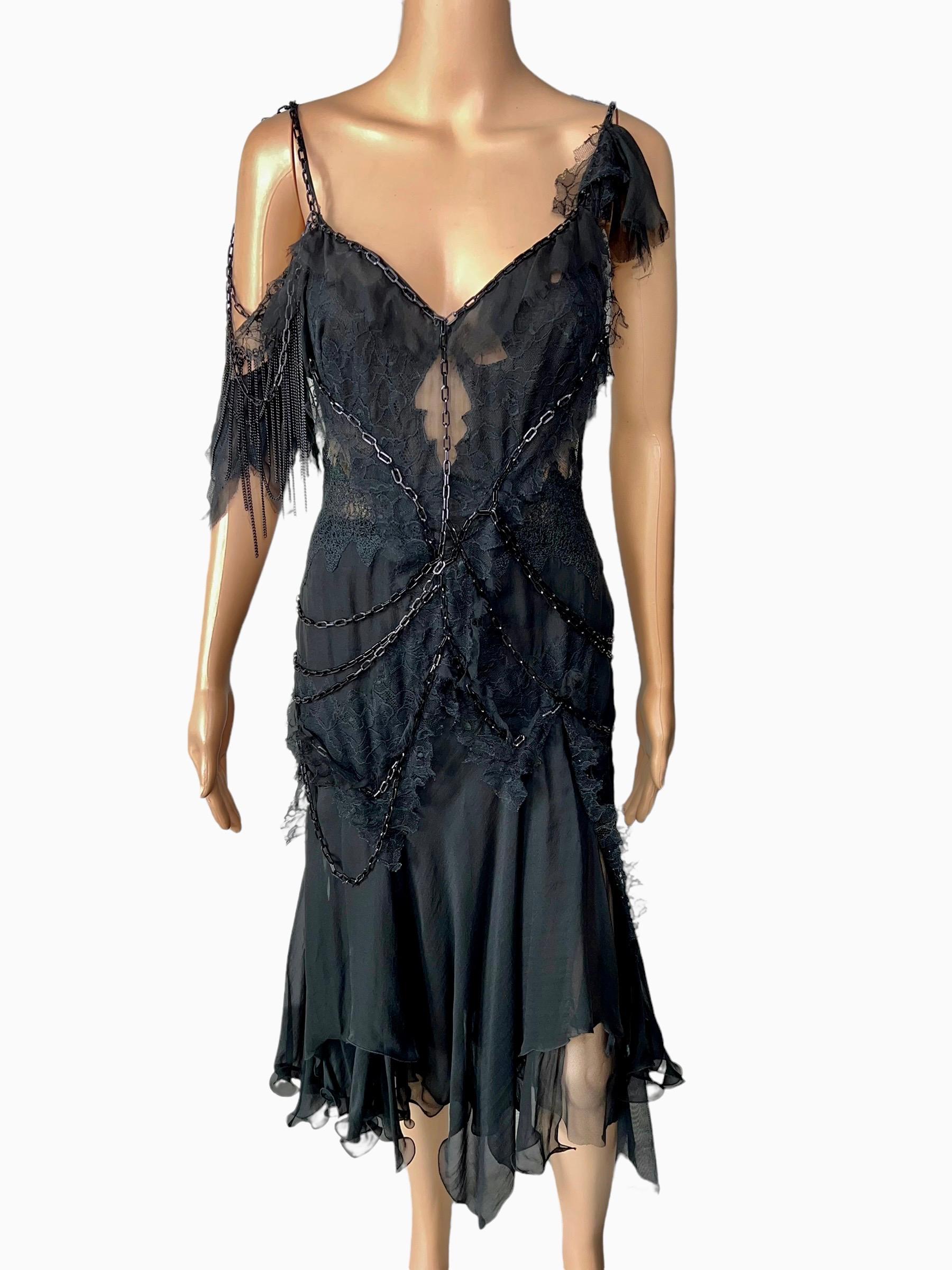 Versace F/W 2003 Runway Chain Embellished Sheer Lace Open Back Black Dress For Sale 3