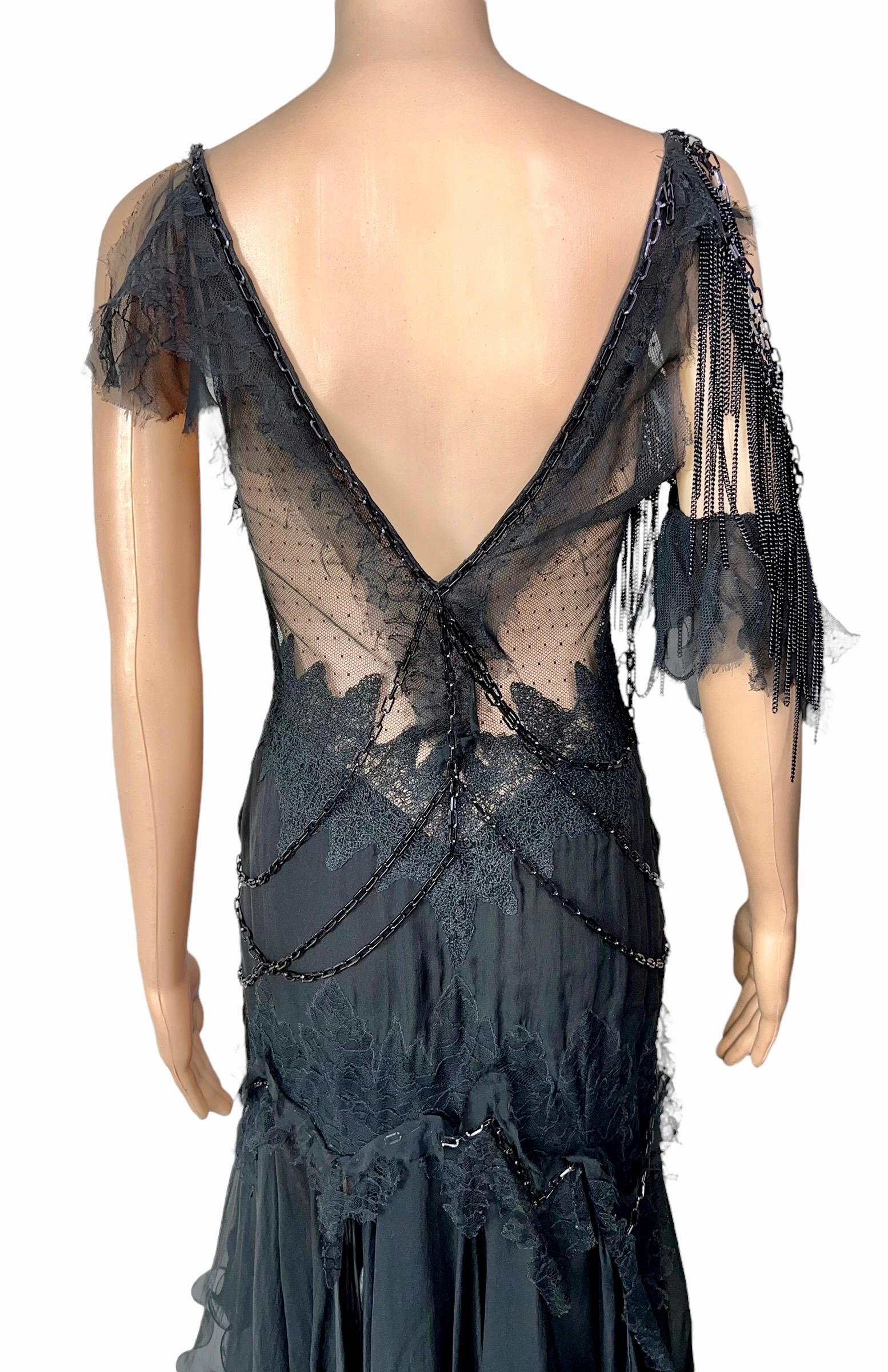 Versace F/W 2003 Runway Chain Embellished Sheer Lace Open Back Black Dress 6