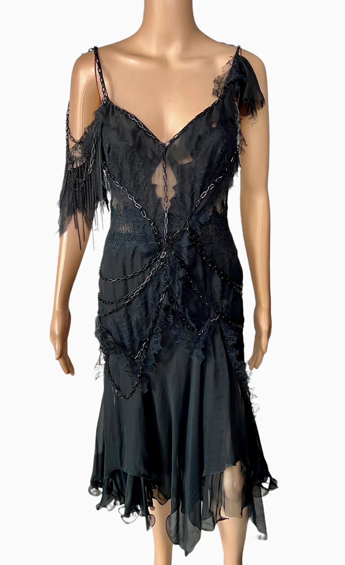 Versace F/W 2003 Runway Chain Embellished Sheer Lace Open Back Black Evening Dress Size IT 40




