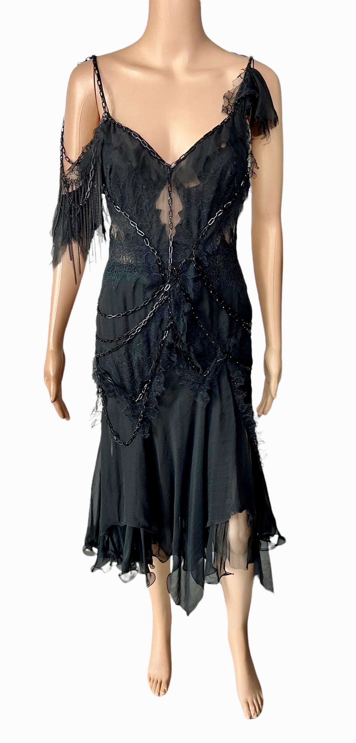 Women's Versace F/W 2003 Runway Chain Embellished Sheer Lace Open Back Black Dress