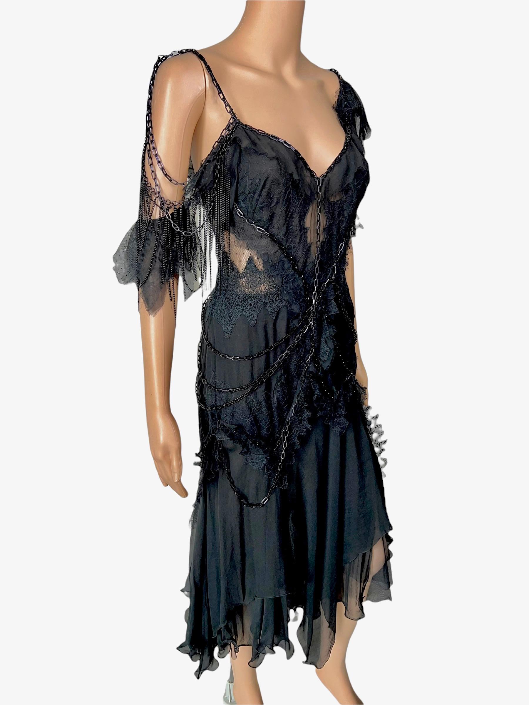 Versace F/W 2003 Runway Chain Embellished Sheer Lace Open Back Black Dress 1