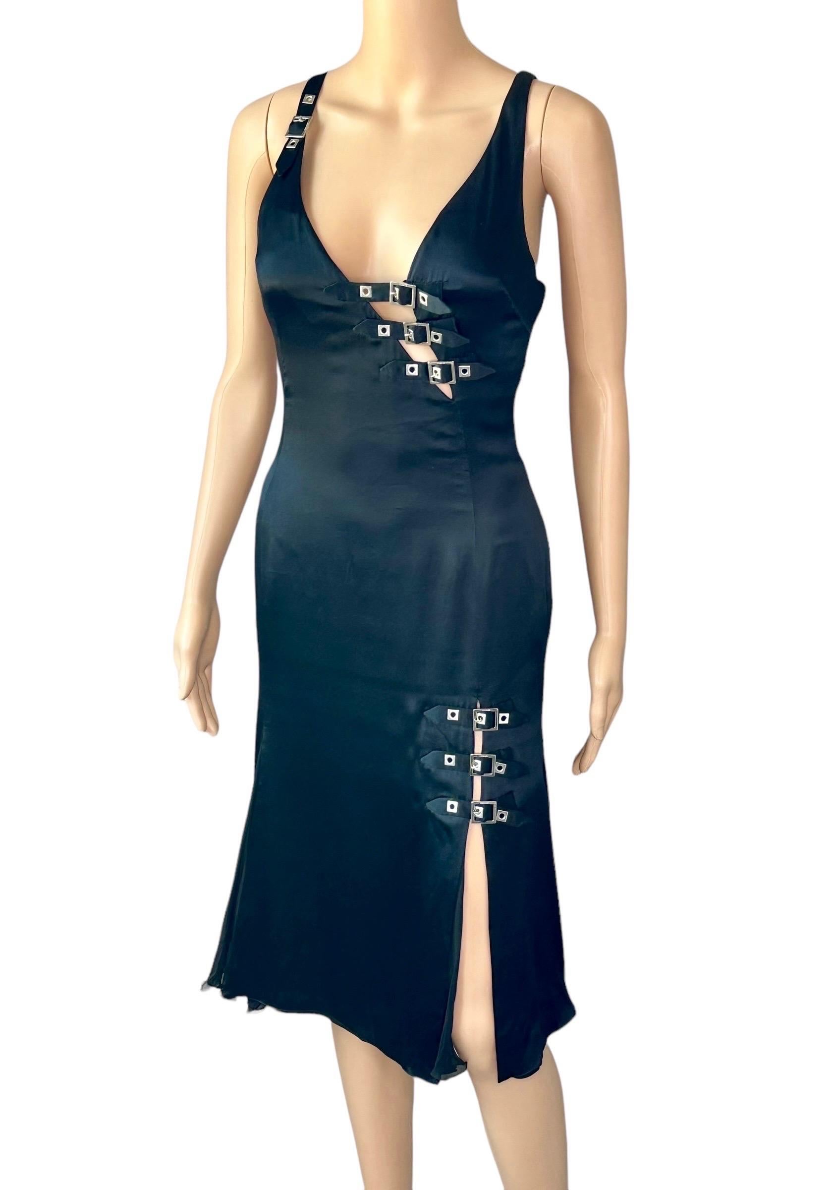 Versace F/W 2004 Embellished Buckle Studded Detail Plunging Black Evening Dress For Sale 8