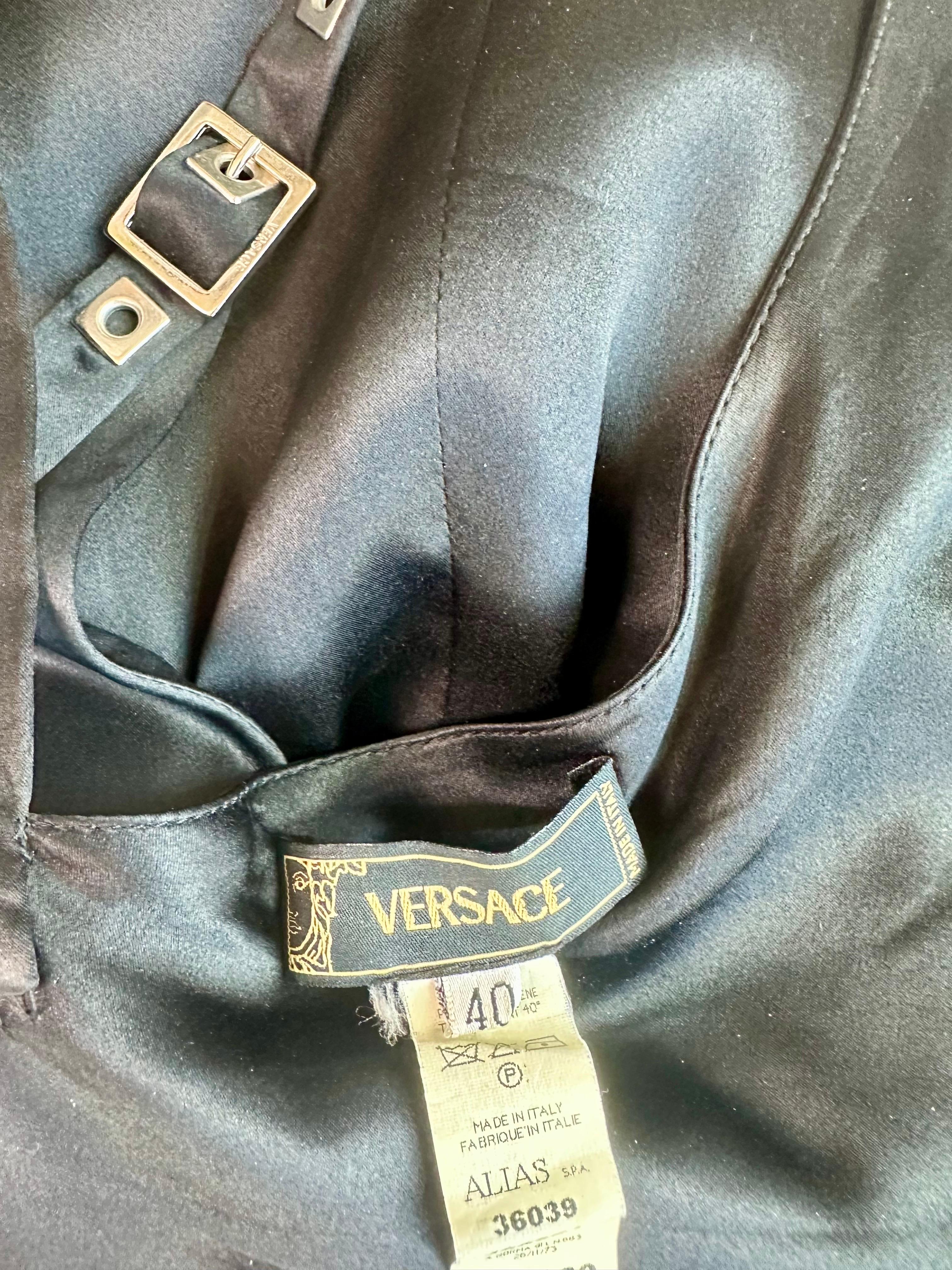 Versace F/W 2004 Embellished Buckle Studded Detail Plunging Black Evening Dress For Sale 12