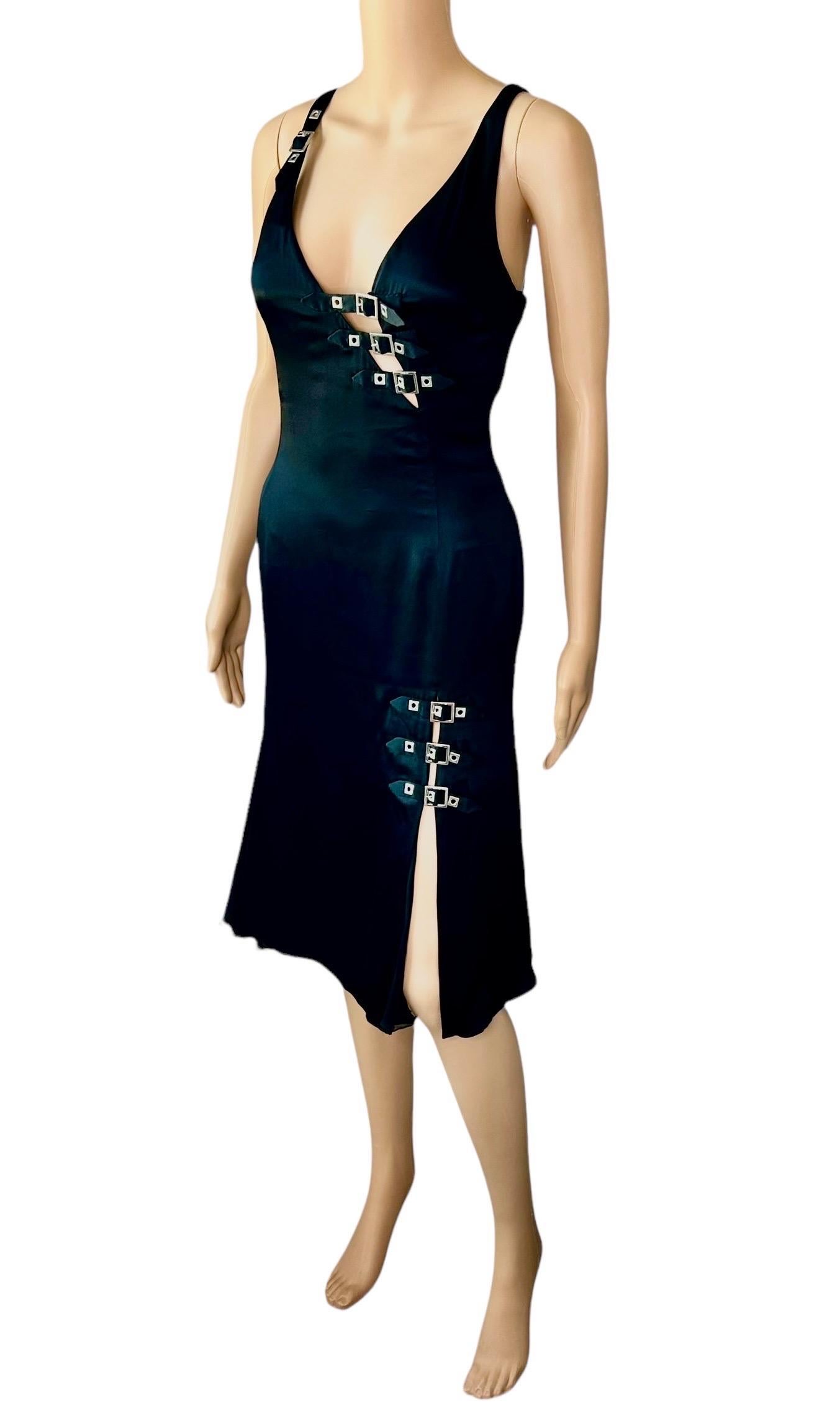 Versace F/W 2004 Embellished Buckle Studded Detail Plunging Black Evening Dress For Sale 2