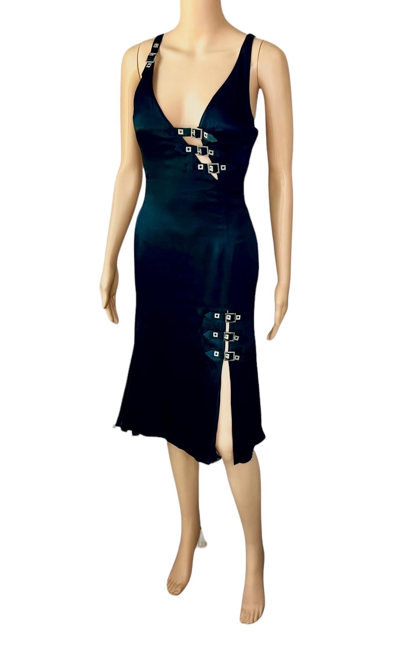 Versace F/W 2004 Embellished Buckle Studded Detail Plunging Black Evening Dress For Sale 5