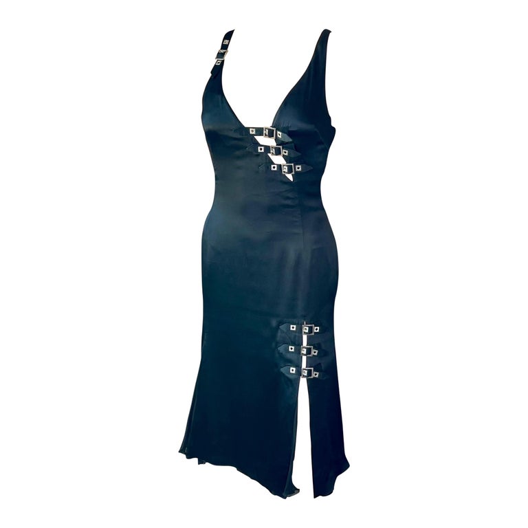 Versace F/W 2004 Embellished Buckle Studded Detail Plunging Black Evening  Dress