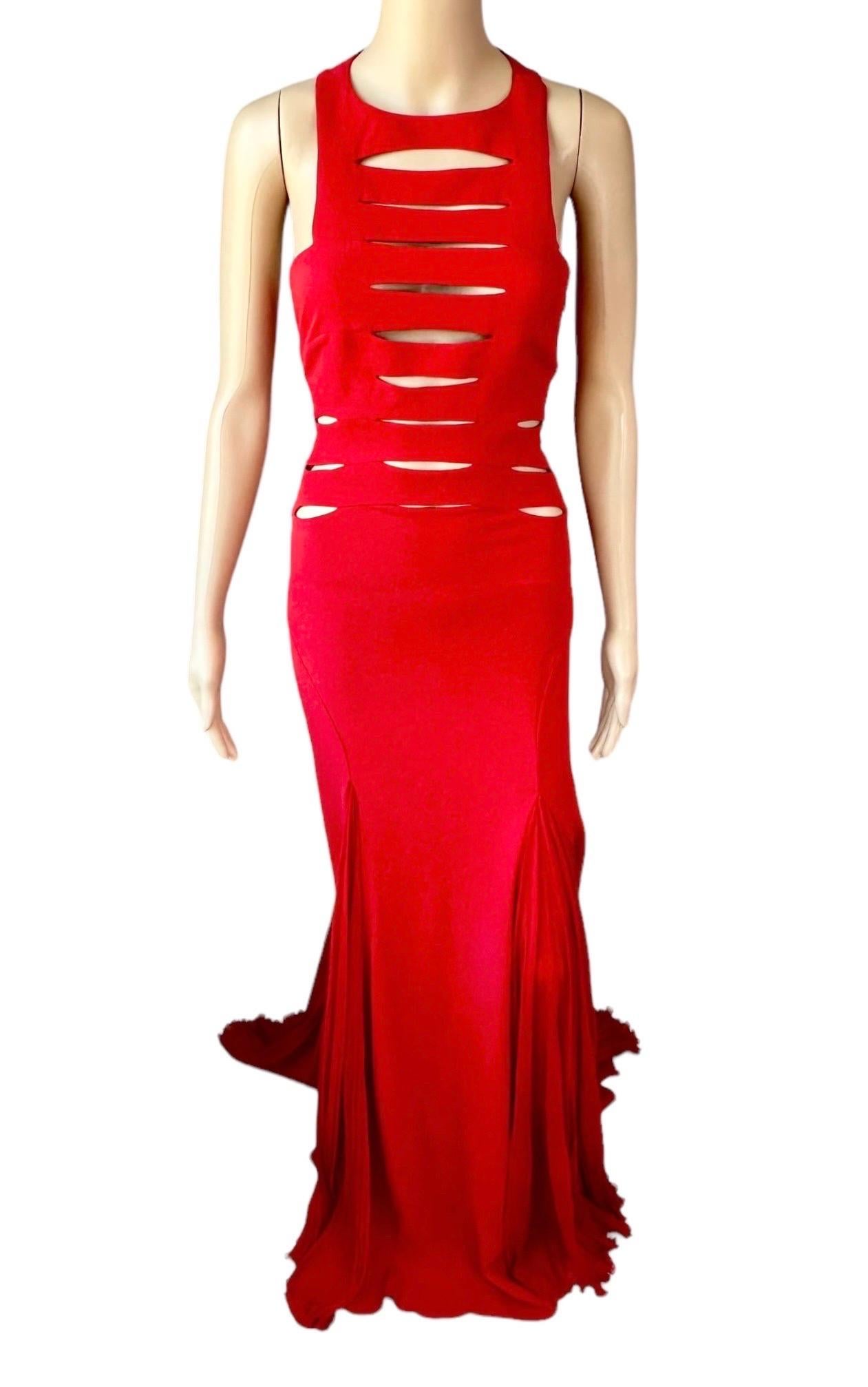 Versace F/W 2004 Runway Cutout Detail Red Evening Dress Gown In Good Condition For Sale In Naples, FL