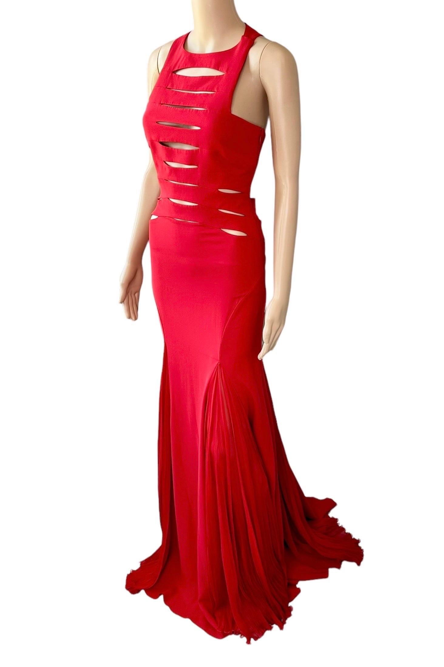 Versace F/W 2004 Runway Cutout Detail Red Evening Dress Gown For Sale 4