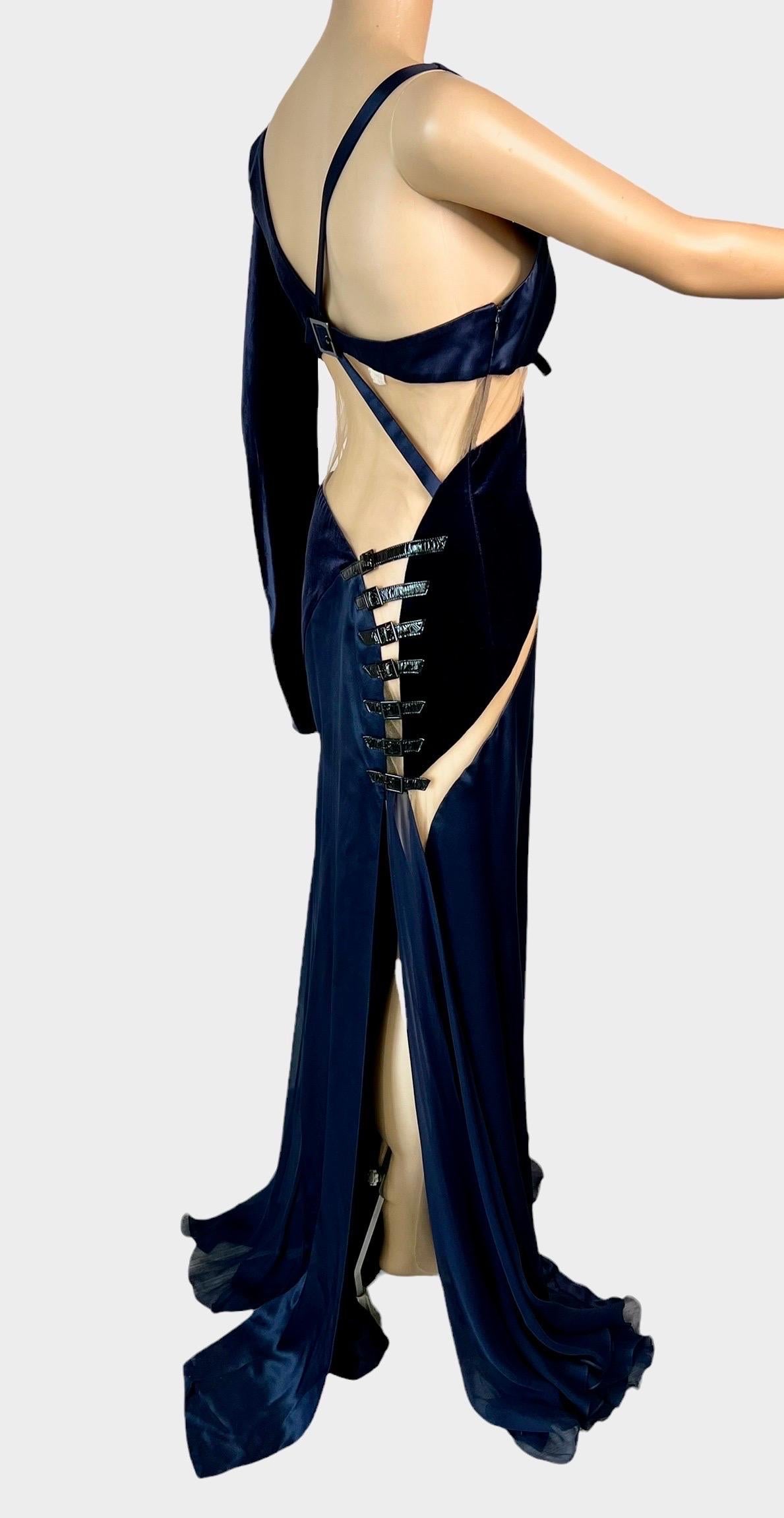 Versace F/W 2004 Runway Cutout Sheer Panels Buckle Detail Evening Dress Gown For Sale 8
