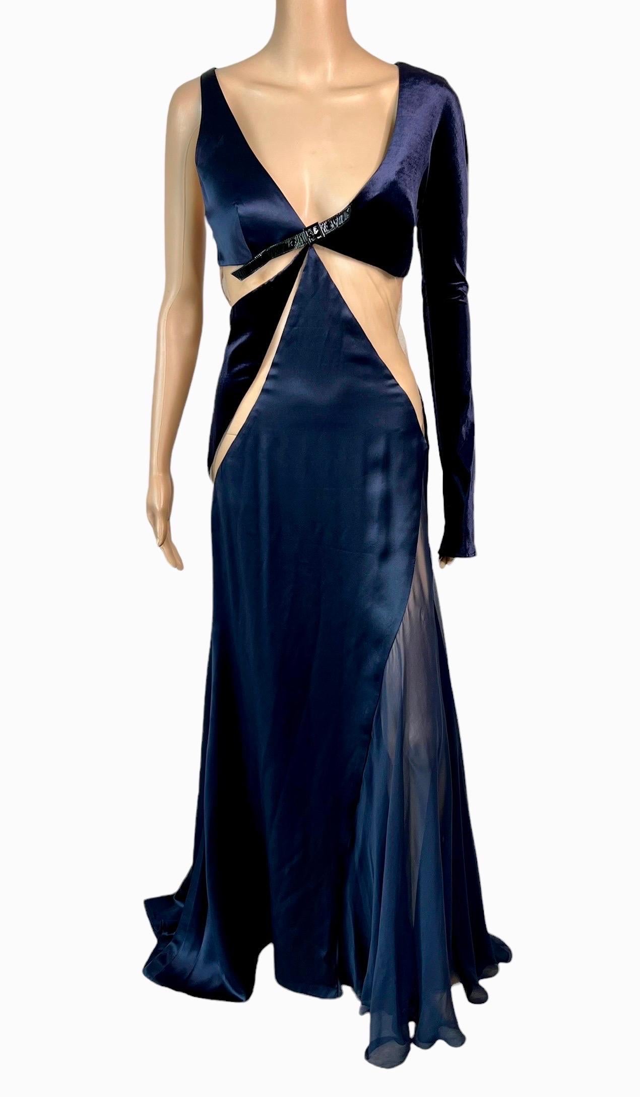 Black Versace F/W 2004 Runway Cutout Sheer Panels Buckle Detail Evening Dress Gown For Sale