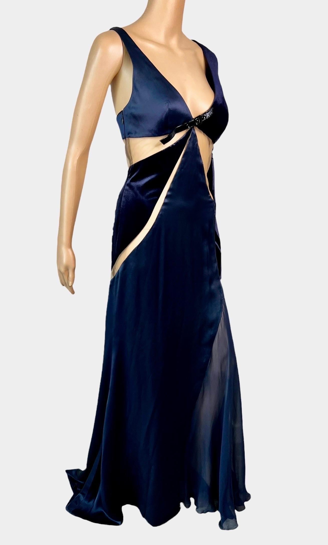 Women's Versace F/W 2004 Runway Cutout Sheer Panels Buckle Detail Evening Dress Gown For Sale