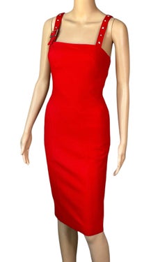 Versace F/W 2004 Runway Embellished Buckle Studded Detail Red Evening Dress