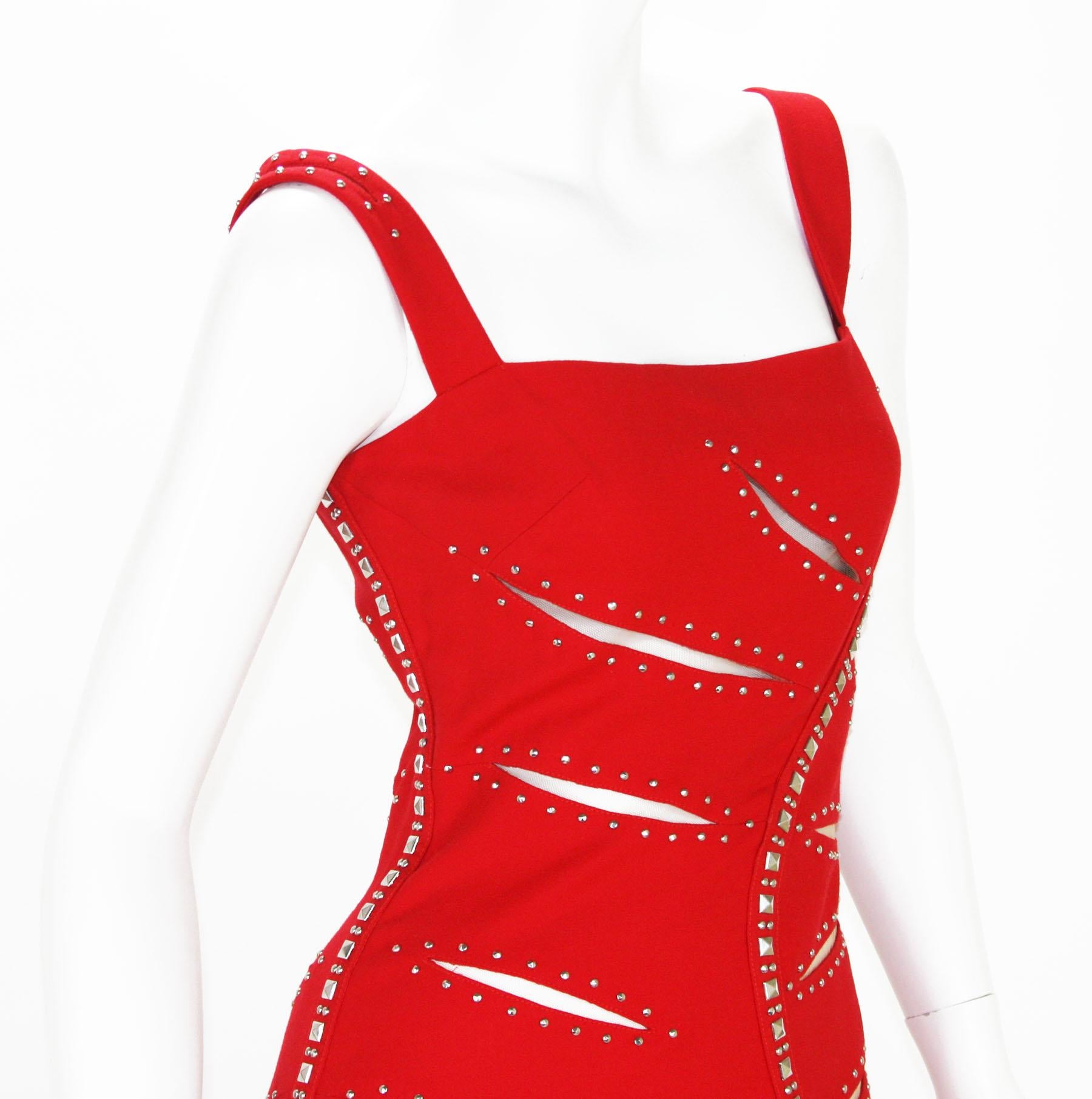 Versace F/W 2004 Runway Red Sheer Mesh Cut Out Studded Cocktail Dress It. 38 For Sale 3