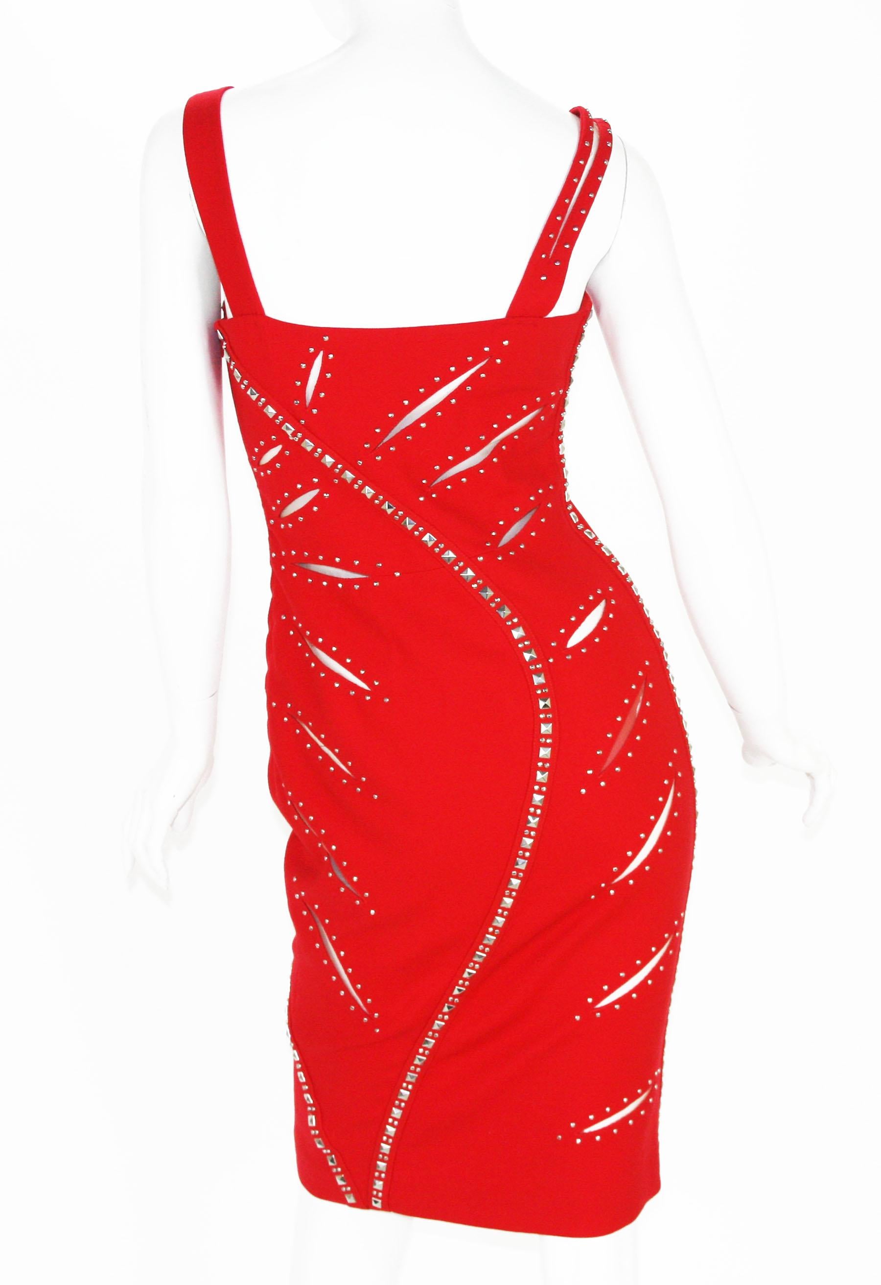 Versace F/W 2004 Runway Red Sheer Mesh Cut Out Studded Cocktail Dress It. 38 In Excellent Condition For Sale In Montgomery, TX