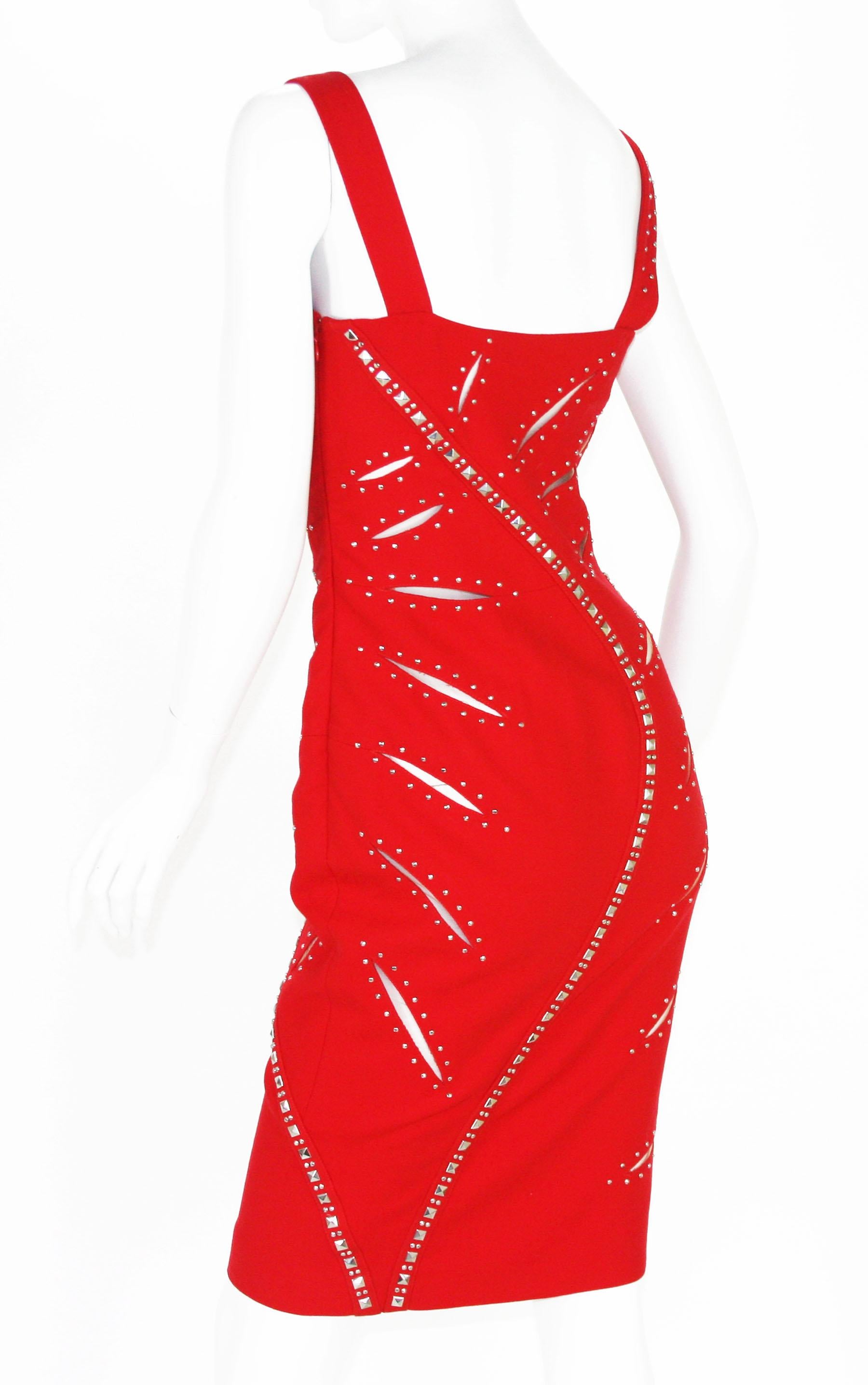 Women's Versace F/W 2004 Runway Red Sheer Mesh Cut Out Studded Cocktail Dress It. 38 For Sale