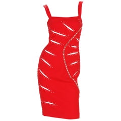 Versace F/W 2004 Runway Red Sheer Mesh Cut Out Studded Cocktail Dress It. 38