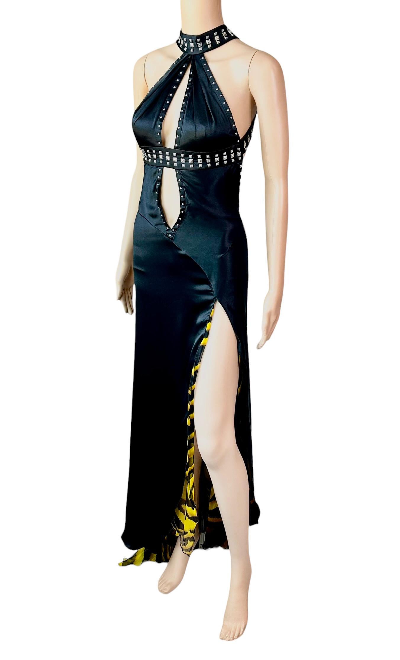 Black Versace F/W 2004 Runway Studded Plunging Keyhole Neckline Evening Dress Gown For Sale
