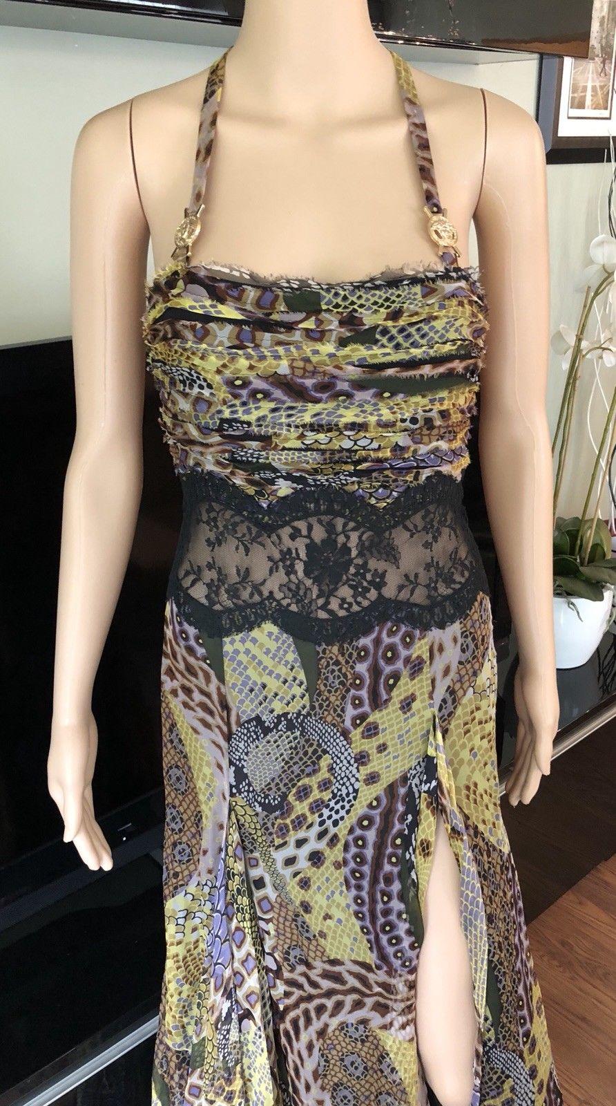 Gray Versace F/W 2005 Animal Print Sheer Lace Panel Open Back Evening Dress Gown  For Sale