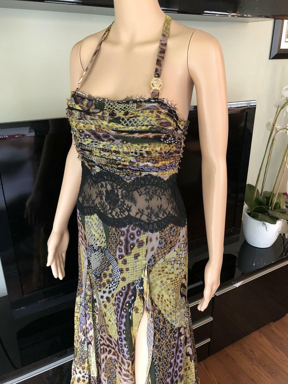 Versace F/W 2005 Animal Print Sheer Lace Panel Open Back Evening Dress Gown  In Good Condition For Sale In Naples, FL
