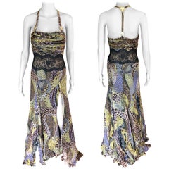 Versace F/W 2005 Animal Print Sheer Lace Panel Open Back Evening Dress Gown 