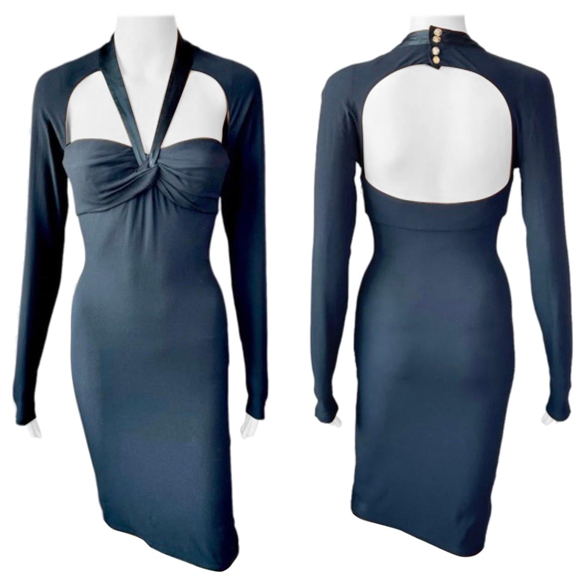Versace - Robe bustier noire à découpes et encolure plongeante, automne-hiver 2005 en vente