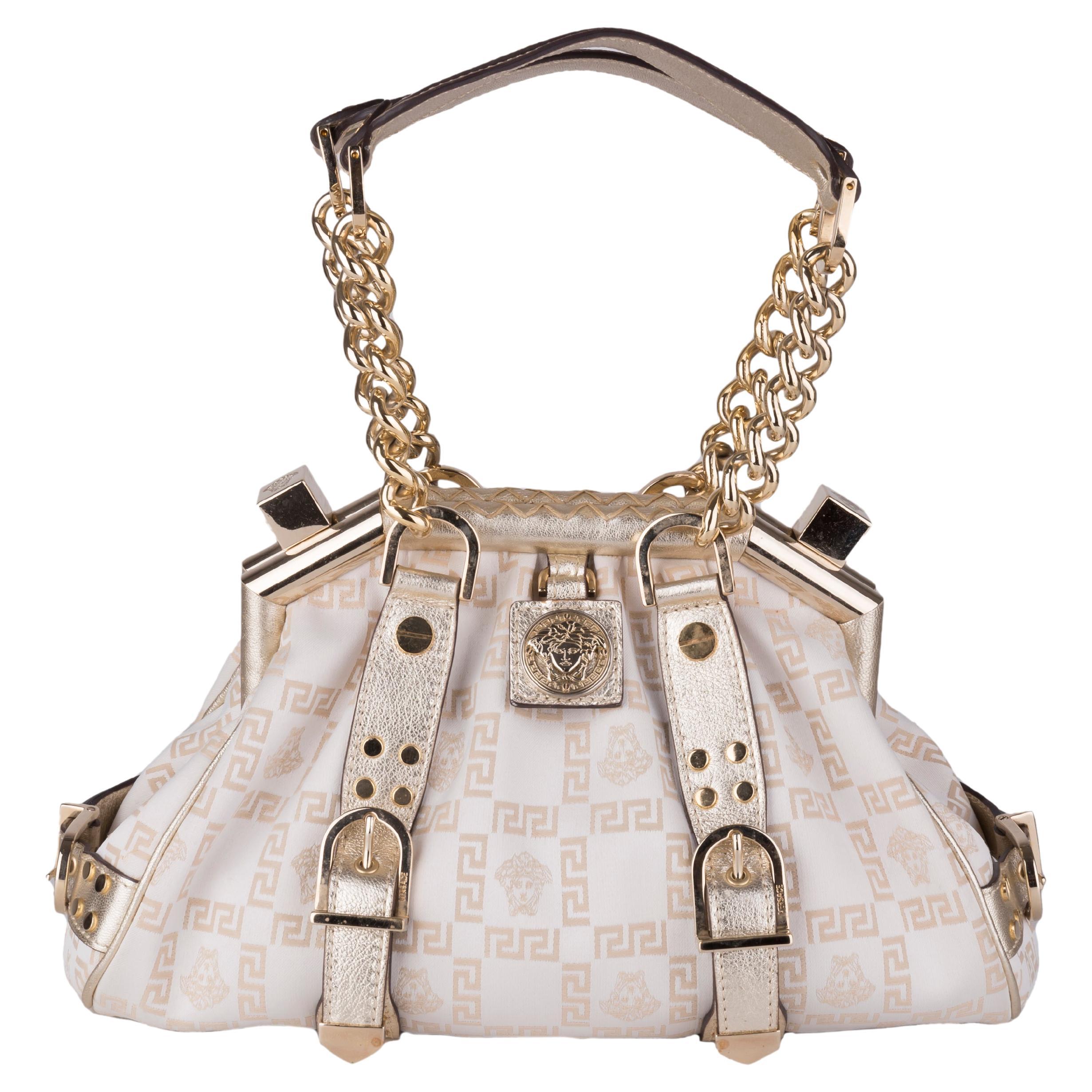 Versace F/W 2005 gold leather canvas Madonna Frame bag For Sale