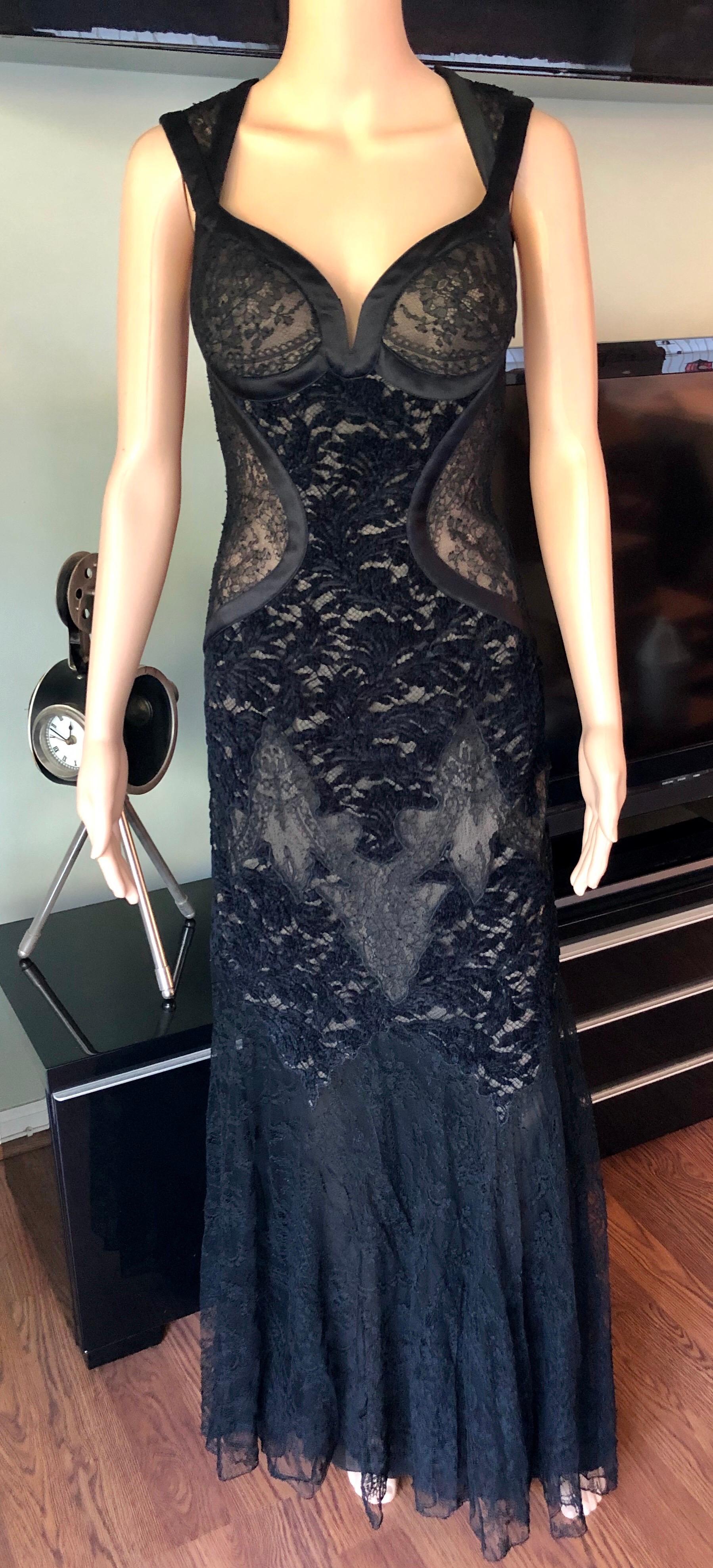 Versace F/W 2005 Runway Bustier Sheer Lace Open Back Black Evening Dress Gown 

Please note size tag has been removed but this dress will likely fit IT 40

