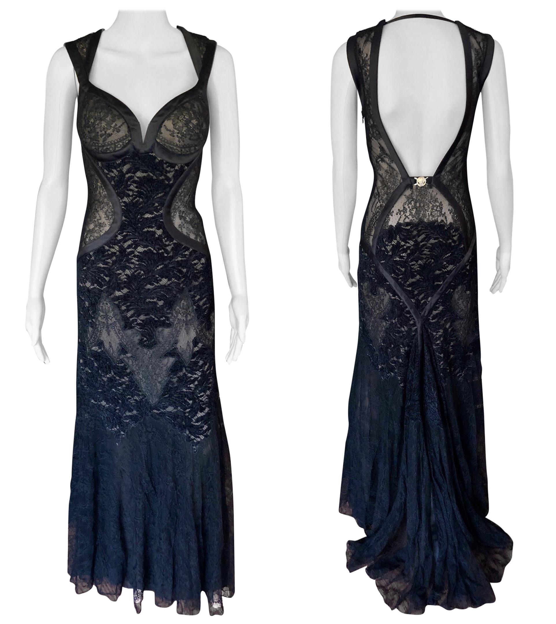 Versace F/W 2005 Runway Bustier Sheer Lace Open Back Black Evening Dress Gown  For Sale