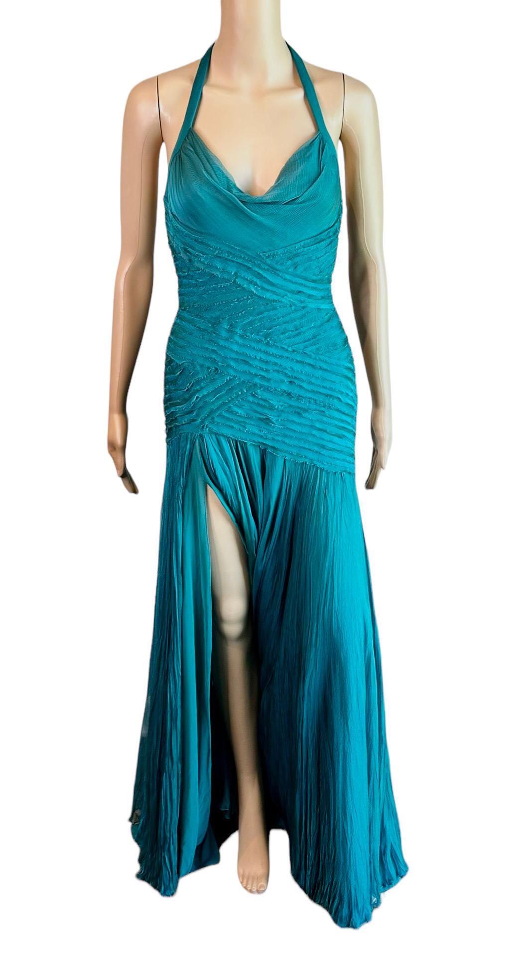 Women's Versace F/W 2005 Runway Campaign Halter High Slit Slip Evening Dress Gown  For Sale