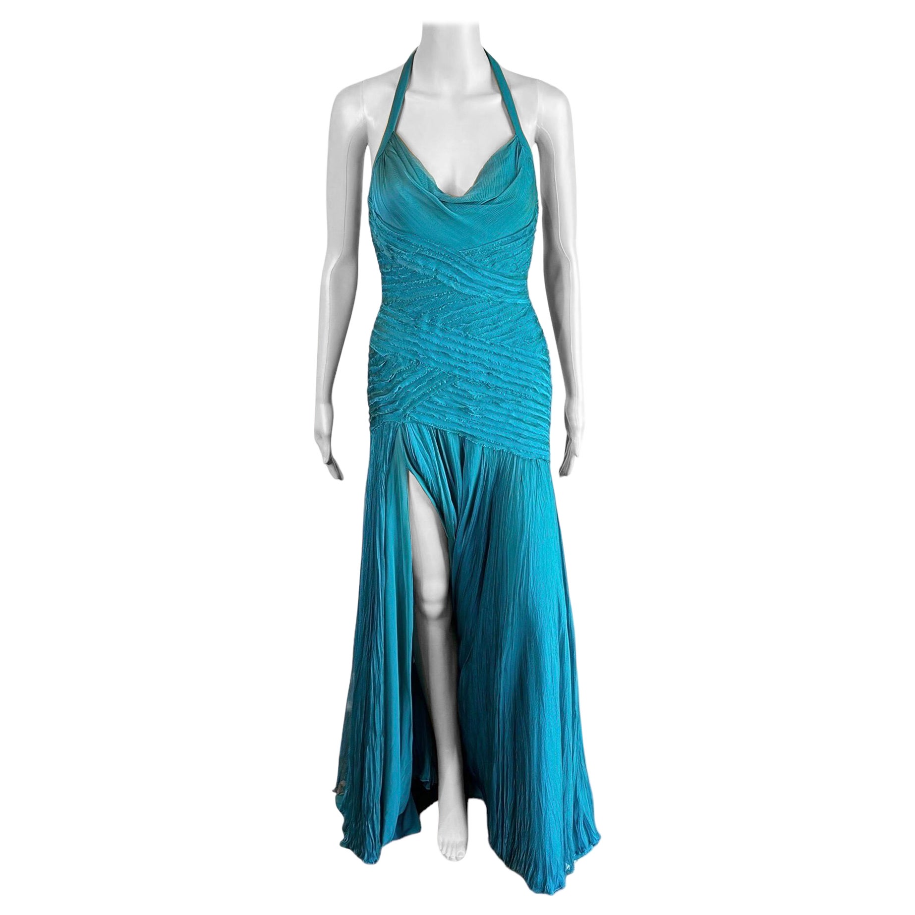 Versace F/W 2005 Runway Campaign Halter High Slit Evening Dress Gown (robe de soirée avec dos nu et fente)