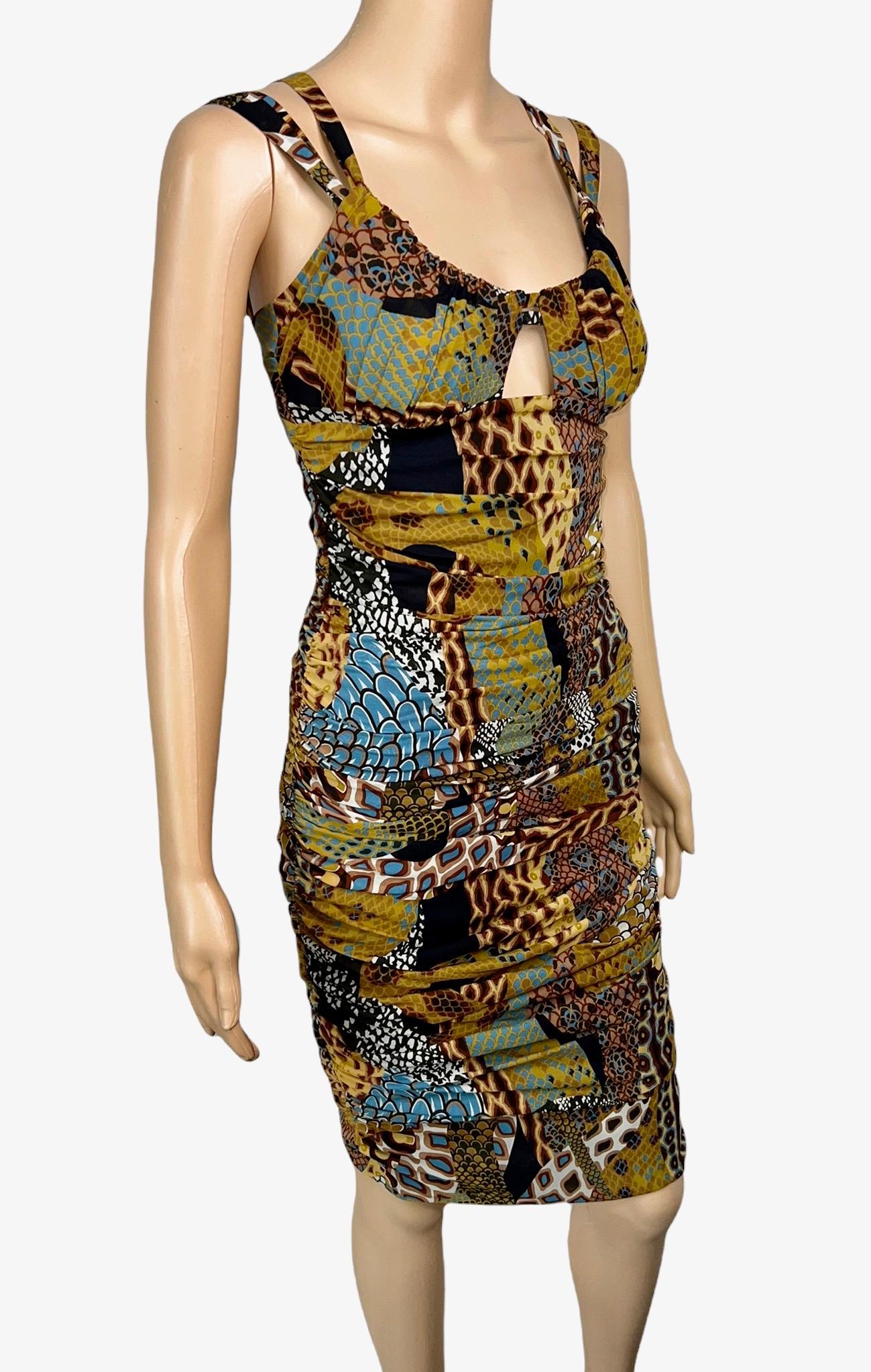 Brown Versace F/W 2005 Runway Plunging Neckline Ruched Animal Print Dress For Sale