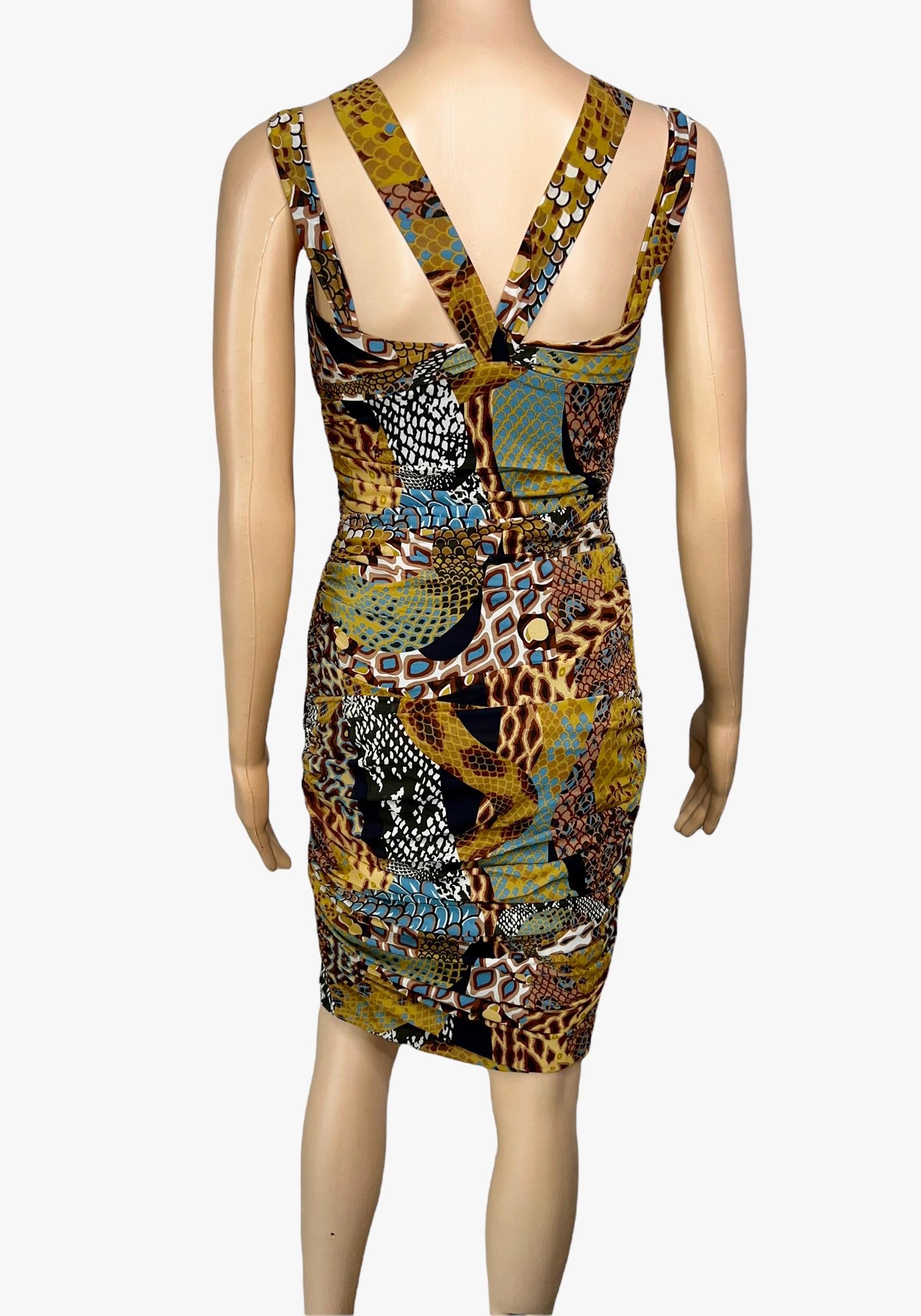 Versace F/W 2005 Runway Plunging Neckline Ruched Animal Print Dress In Excellent Condition For Sale In Naples, FL