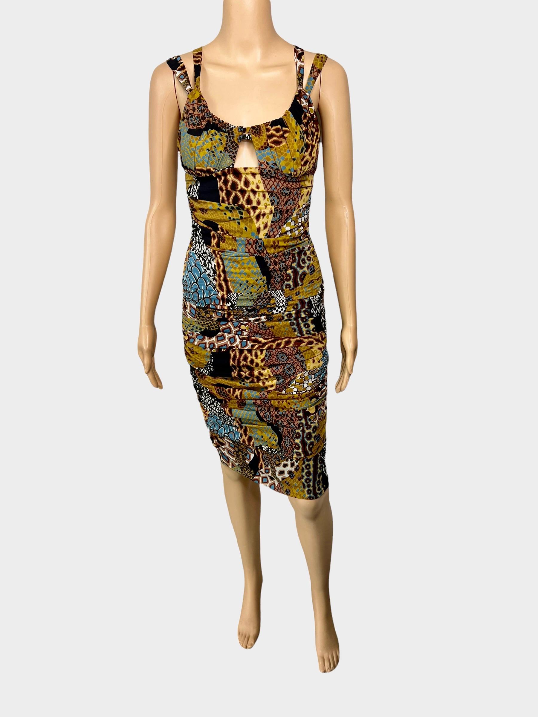 Women's Versace F/W 2005 Runway Plunging Neckline Ruched Animal Print Dress For Sale