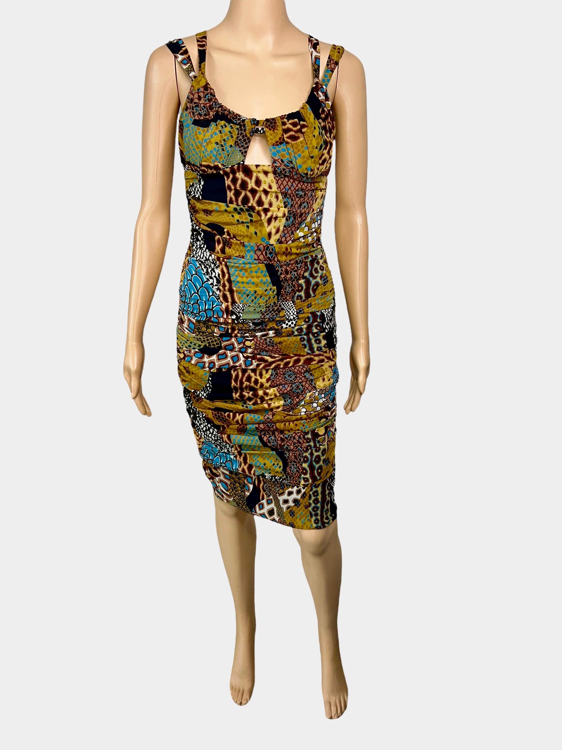 Versace F/W 2005 Runway Plunging Neckline Ruched Animal Print Dress For Sale 2