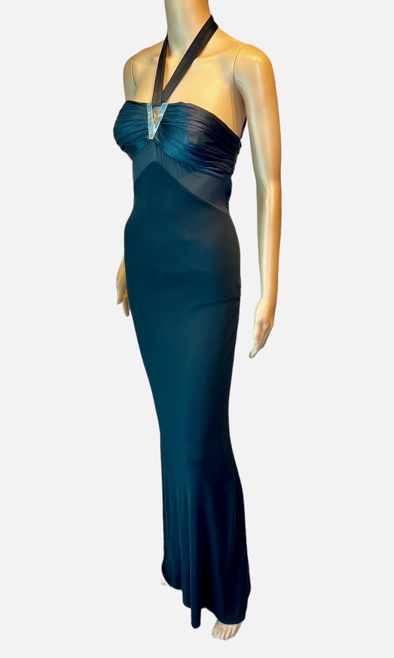 Versace F/W 2006 Halter Cutout Sheer Panels Bodycon Black Evening Dress Gown In Good Condition For Sale In Naples, FL