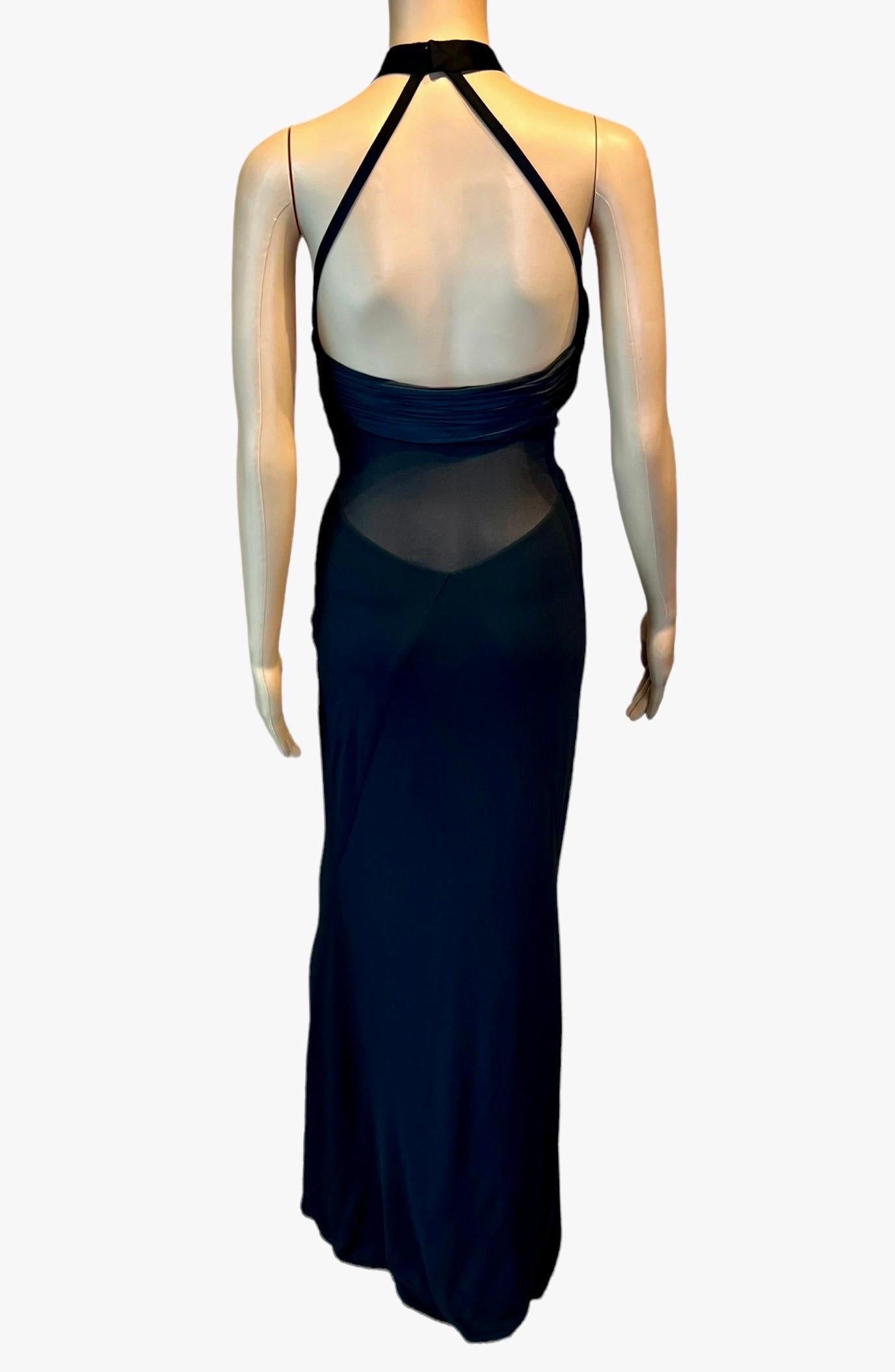 Women's Versace F/W 2006 Halter Cutout Sheer Panels Bodycon Black Evening Dress Gown For Sale