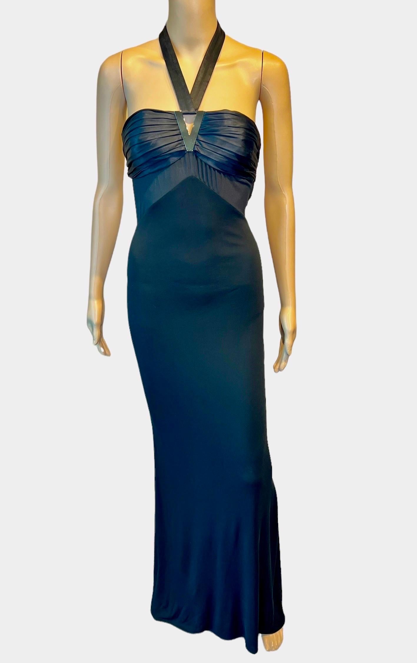 Versace F/W 2006 Halter Cutout Sheer Panels Bodycon Black Evening Dress Gown For Sale 1