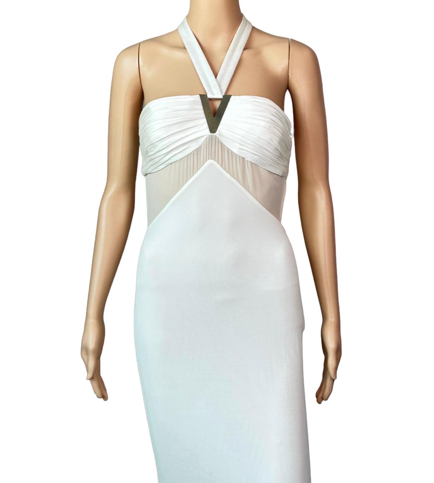 Women's Versace F/W 2006 Halter Cutout Sheer Panels Bodycon Ivory Evening Dress Gown For Sale