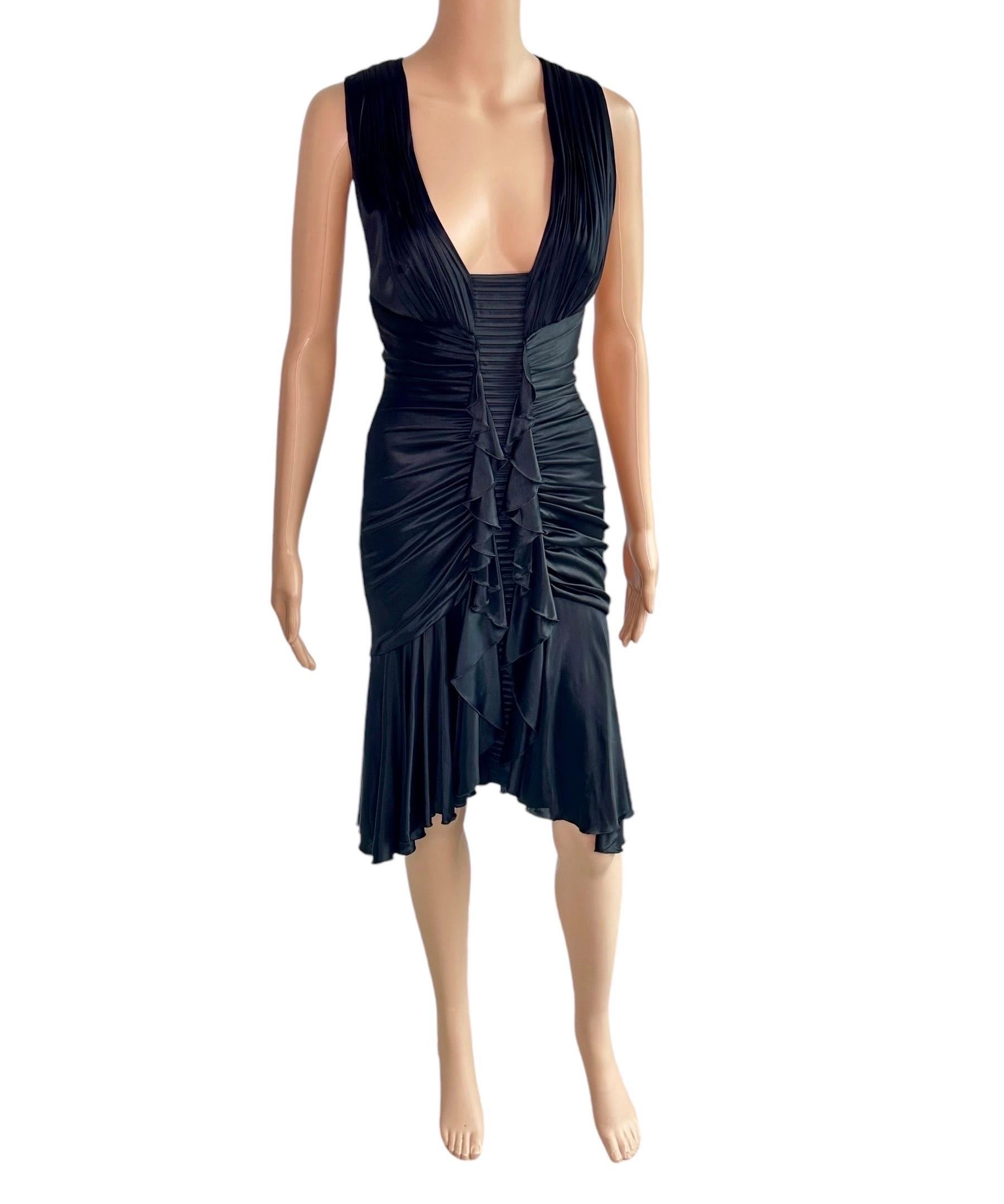 Versace F/W 2006 Plunging Ruched Ruffles Black Dress For Sale 7